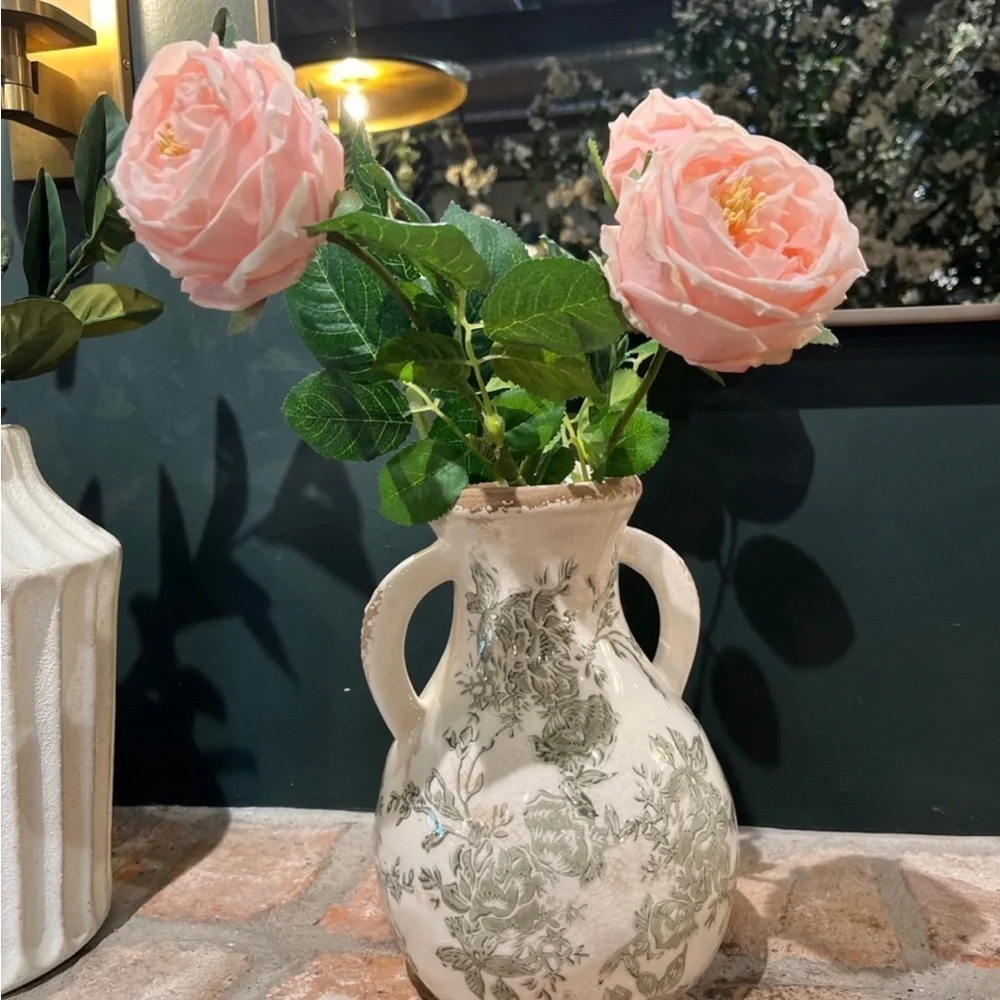 Distressed Floral Vase with Handles - Magnolia